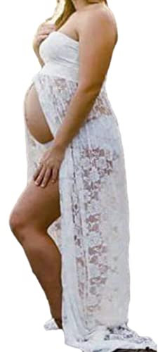 Hperu Robe de Photographie de maternité Robe Maxi Enceinte V Couche Dentelle sans Manches pour Les Femmes Enceintes Blanches XL Femmes Photographies