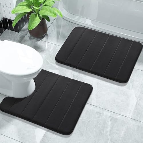 Rugs Inn Extra Thick Memory Foam Bath Mat Super Soft Absorbent Bathroom Mats Shower and Toilet Bathroom Floor Mat (Black, 50 x 80 cm - Bath Mat)