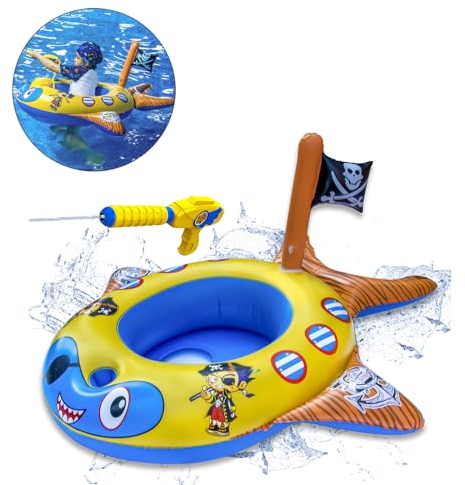 Schlauchboot Kinder 3-6 Jahre,Baby Schwimmring Kinder mit Wasserpistole,Schwimmhilfe Baby ab 1 Jahr Schwimmsitz,Aufblasbares Piratenboot