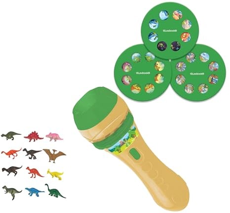 Lexibook, Stories projector and torch light, Create up to 3 stories Age 3+ with 24 images of dinosaurs, 12 dinosaur figurines included, Yellow/green, LTC045Z