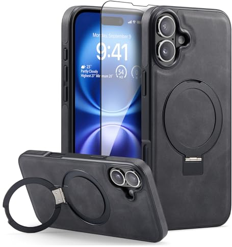 Sibada Leder Hülle für iPhone 16 Plus mit Verdecktem Kreisständer für Magnetische,Modische und Elegante Dünne Business Handyhülle (2024) 6.7 - Schwarz