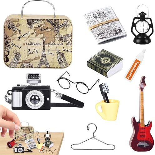 Wichtel Zubehör Set, 11Pcs Miniatur Wichtel Zubehör, Miniatur Vintage Deko, Miniatur Puppenhaus Zubehör Reise, DIY Wichtel Reise Zubehör mit Zahnbrüste Zahnpasta Bücher Brillen Koffer