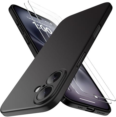 Natiiozie Ultra Dünn Handyhülle Kompatibel mit iPhone 16 Hülle PP Case mit 2 Stück Schutzfolie, Slim Leicht Hartschale mit Voll Kameraschutz Kratzfeste Matt Schutzhülle - Schwarz