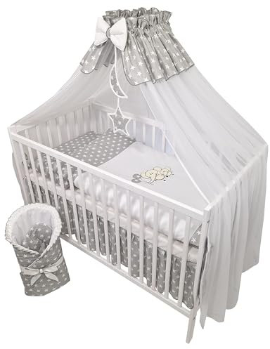 16 Teilig Babybett und Bettwäsche komplett Set Timmi Elefanten Grau