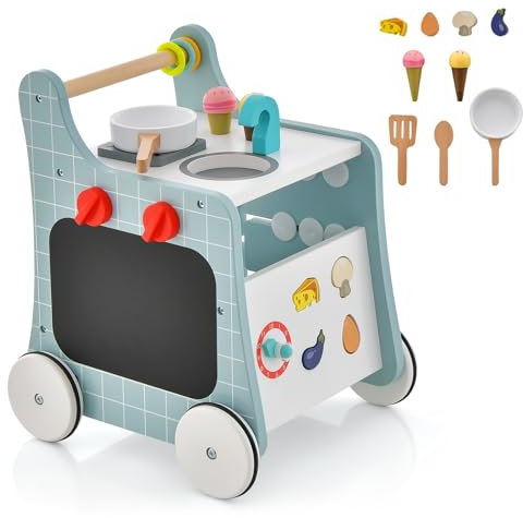 COSTWAY Andador Bebes de Madera 6 en 1, Carrito de Madera para Bebés, Centro de Actividades de Aprendizaje para Empujar y Jalar para Bebés con Cocina, Reloj, para Bebés de 12+ Meses (Azul)