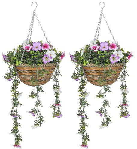 HOMCOM Set of 2 Decorative Artificial Plants, Faux Silk Azalea Flowers in Hanging Baskets, Fake Plants for Home Indoor Outdoor Decor, Pink and White