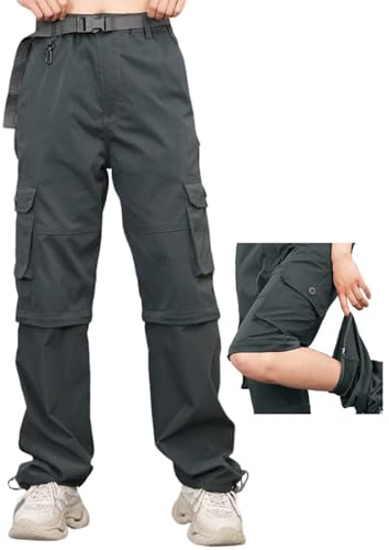 GAUASUIM Damen Wanderhose Zip Off Hose Outdoorhose Schnelltrocknend Trekkinghose Abnehmbare Hosenbeine Shorts Atmungsaktiv Cargohose Sommer Hiking Pants Funktionshose mit Gürtel 6 Taschen Grau 4XL