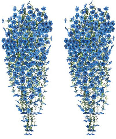 CONNECTION 4 PCS Fleurs Artificielles Suspendues 77cm Fleur Artificielle Tombante Suspendue Fausse Plante Balcon aux UV Fleur Artificielle Exterieur pour Extérieur Jardin Patio Fête Mariage (Bleu)