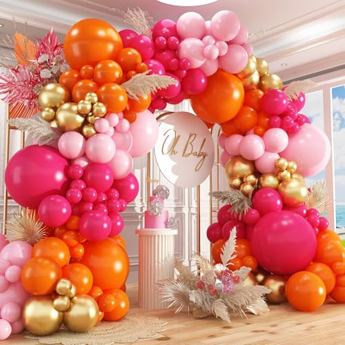 Kit d'arche de ballons roses et oranges en latex de 412 pièces, rose vif, orange, doré métallisé, 45,7 cm, 30,5 cm, 25,4 cm, 25,4 cm, 12,7 cm, différentes tailles pour anniversaire, mariage