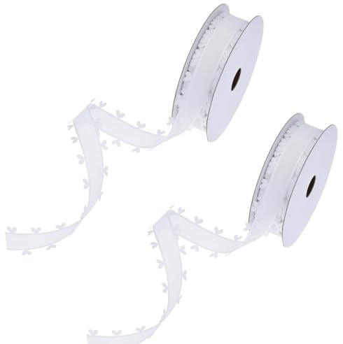 Chexin 25mm x 18m Weiss Schleifenband mit Herzen, 2 Rollen Geschenkband Herz-Band, Herzen Organzaband Organza Bänder, Tüllband Dekoband für Auto Hochzeit Deko Party Autoschmuck,Haarschleife DIY, Weiß