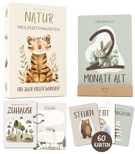 WELTWERK Meilensteinkarten Baby [Natur] 60 Monatskarten mit beschreibbaren Rückseiten – inkl. Geschenkbox und Holzaufsteller – Geschenk zur Schwangerschaft, Babyshower und Geburt