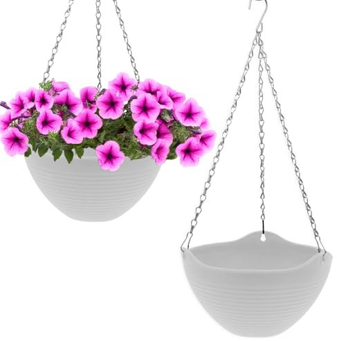 Spetebo Blumenampel weiß mit Rillen Struktur 25 cm - 2er Set - Kunststoff Hängeampel mit Ablauf und Metallkette - Garten Deko Hänge Blumentopf Pflanztopf Pflanzschale Blumenschale Hängetopf