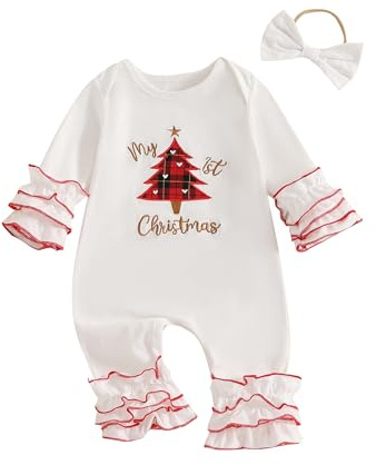 Combinaison à manches longues pour bébé fille Mon premier Noël Père Noël Arbre Renne à volants, A-A-blanc., 6-12 mois