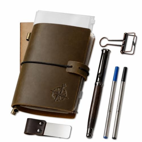 Wanderings Taschen-notizbuch-set – 4 x 5,1 / 10 x 13 cm – Nachfüllbares Reise-notizbuch im Passformat mit Stifthalter, Stift, 2 Tintenpatronen, PVC-Mappe und Binderklammer