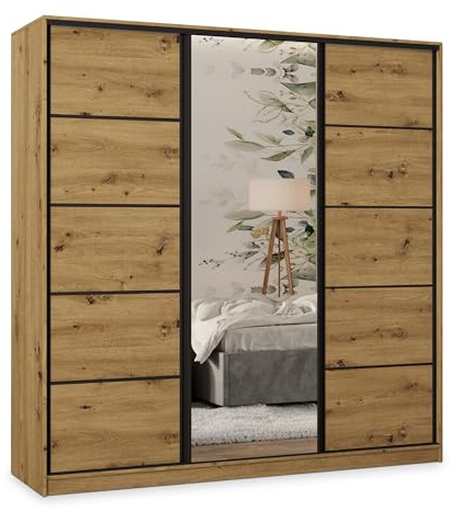 Masseno Schwebetürenschrank PINA 200/205/58 cm Kleiderschrank mit 4 Schubladen Schlafzimmer Schiebetürenschrank 3-türig mit Spiegel Eiche Artisan