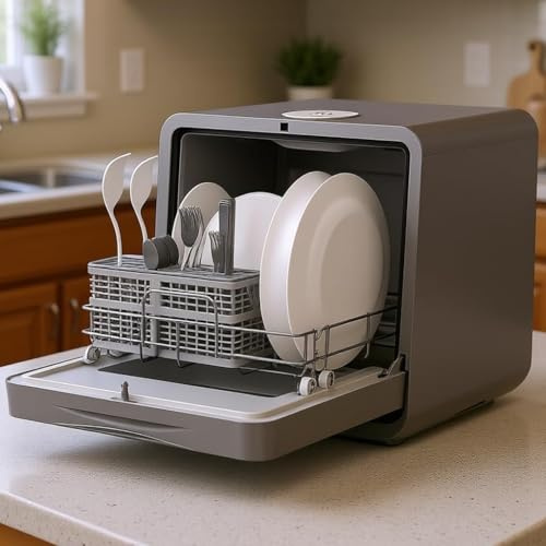 MoraRise Table Top Dishwasher, Mini Countertop Dishwasher with 7 Programs, Built-in 5L Water Tank, Dual Water Supply, 24H Delay, No Plumbing, Baby Care, Drying Cycle, Fruit Wash (Grey)