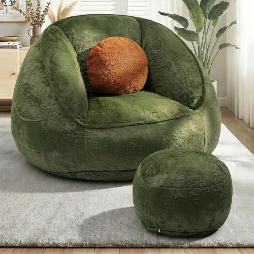 HOMMPA XXL Sitzsack mit Hocker und Füllung für Erwachsene,Grün | Sitzsack mit Kissen, Kunstkaninchenfell Bean Bag Chair mit Tasche Lesesessel für Wohnzimmer,Schlafzimmer