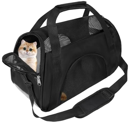 Soft Sided Portable Cat Carrier, Foldable Pet Travel Carriers Bag For Cats/Small Dog/Puppy With Shoulder Strap & Removable Mat,Comfort Cat Basket Airline Approved (Deep Black M)