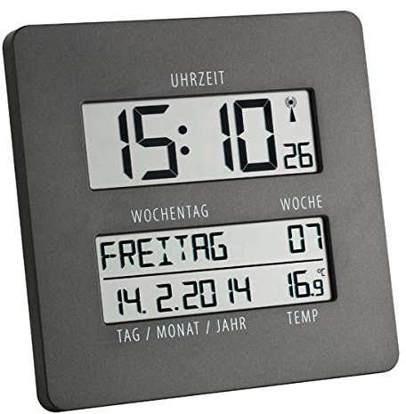 TFA Dostmann 60.4509 Horloge murale radio-pilotée Time Line avec température et affichage du jour de la semaine., gris