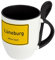 digital print Städtetasse Lüneburg - Löffel-Tasse mit Motiv Ortsschild - Becher, Kaffeetasse, Kaffeebecher, Mug - Schwarz