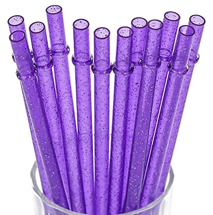 DAKOUFISH 9 Inch Reusable Plastic Glitter Sparkle Drinking Straws,BPA-Free,for 16oz 20oz Tumblers/Jars,12 Straws with One Cleaning Brush (9inch Purple)