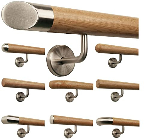TIBU Eiche Holz Handlauf Geländer 0,3m - 6m, Länge 390 cm, schräges Edelstahlendstück und 5 gewinkelte Halter