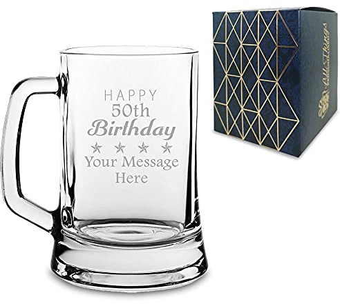 Personalised Engraved Novelty Beer Mug/Tankard with Birthday Design, Comes with Presentation Gift Box, Personalise for Any Birthday Year, Just Add Name or Message