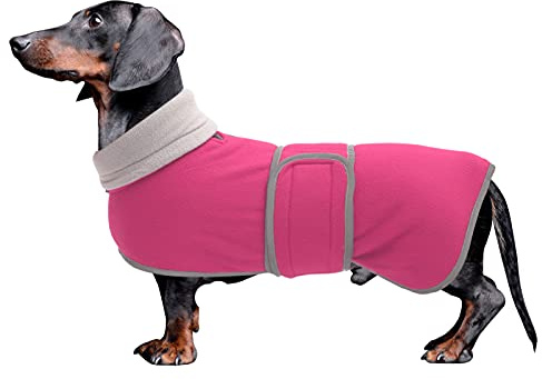 MOREZI Winterhundejacke mit wattiertem Flusenfutter, verstellbarem Klettknopf und hochklappbarem Stehkragen. Sehr gut geeignet für Dackel und kleine und mittelgroße Jagdhunde-Pink-L