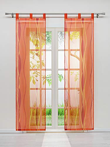 Delien Voile Vorhang Schiebegardinen mit Wellen Druck Flächenvorhänge Transparenter Gardine mit Schlaufen Wohnzimmer Fensterschals (2 Stück, je H/B: 245/57 cm),Orange