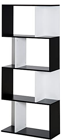 HOMCOM Bücherregal S-förmiges Standregal Lagerregal 4-stufige Vitrine mit Hardware-Schnalle moderner Raumteiler Spanplatte Schwarz+Weiß 60 x 24 x 148 cm