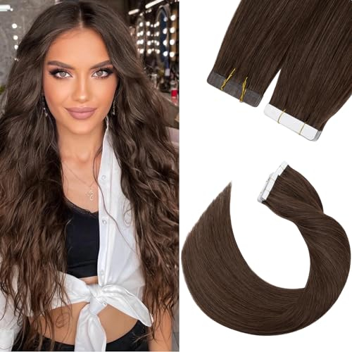 Silk-co Tape in Extensions Echthaar 20stk, leicht Version Tape Extensions Echthaar, Remy Haarextensions Tape in Haarverlängerung Kleber Skin Weft 20g 04# Schokoladenbraun 30cm