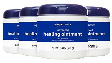 Amazon Basics Healing Ointment & Skin Protectant for Dry & Cracked Skin, Chapped Lips, Minor Cuts and Scrapes, Lip Repair Moisturizer, Fragrance Free, 14 oz, 4-Pack
