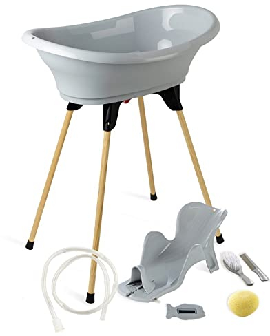 Thermobaby - VASCO 7-in-1-Babybadepaket - Badewanne, Holzfuß, Abflusschlauch, Badeliege, Thermometer -Bürste, Kamm, Schwamm - Zusammenklappbar & Stabil - Grau Charme