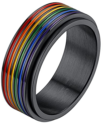 Richsteel Schwarz Regenbogen Fingerring in Ringgröße 57 LGBT Rainbowe Fingerering in Ringgröße 59.5 Spinnerring Bandring Paarring für Paar Pärchen