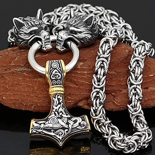 QQTQQ Mann Thor Hammer Halskette, Wikinger Retro Edelstahl, Wolfskopf mit Thor Hammer Anhänger Halskette,Gold+silver-70cm