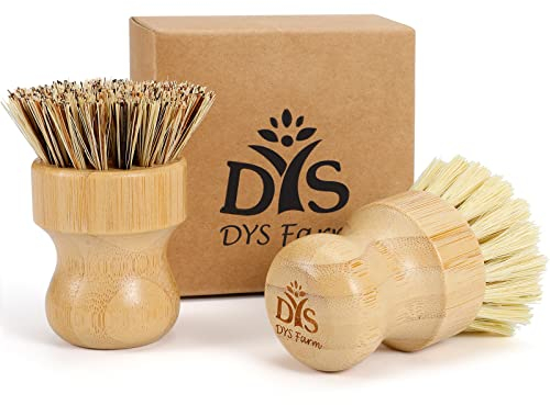 Bamboo Dish Pot Pan Brushes Set - Kitchen Wooden Palm Scrub Brush, Bubble Up Dish Brushes, Natural Cleaning Scrubbers Dishwashing Brush for Washing Dishes Cast Iron Skillet Pots Pans Vegetables Sink