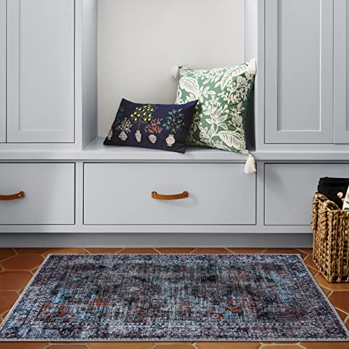 TALETA Teppich Läufer, Flur Teppich rutschfest, Küchenläufer, Flurläufer waschbar, Läufer für Küche, Terrassen, Eingang, Vor dem Bett - Navy blau, 80 x 150 cm