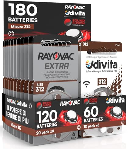 180 Piles pour appareils acoustiques Rayovac Extra Advanced 312 180 Piles : 120 Rayovac + 60 Udivita