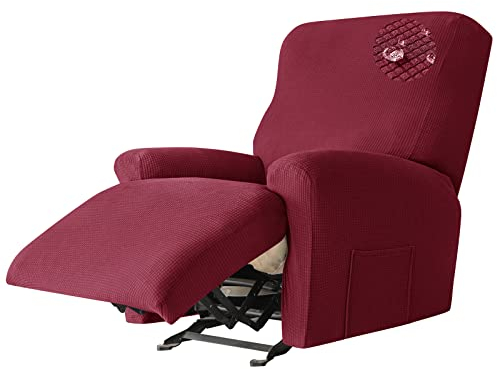 JHLD 4 Stück Stretch Ruhesessel Bezug, 1 Sitzer Relaxsessel Bezug wasserdicht Ruhesessel bezüge Mit Seitentasche Für Wohnzimmer -Weinrot-Ruhesessel