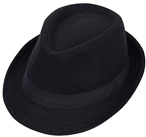 VASANA Modischer, klassischer schwarzer Fedora-Hut aus Wollmischung, breite Krempe, flache Kirche, Derby-Kappe, Jazz, Gentlemans, Flachhut, Panama-Hut für Herren und Damen, Schwarz , L