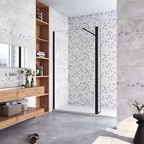 Walk in Doccia 140x200cm Due Pareti (110+30) cm Vetro 8 mm Temperato Trasparente Anticalcare Barra Stabilizzatrice 90 cm Nero Opaco