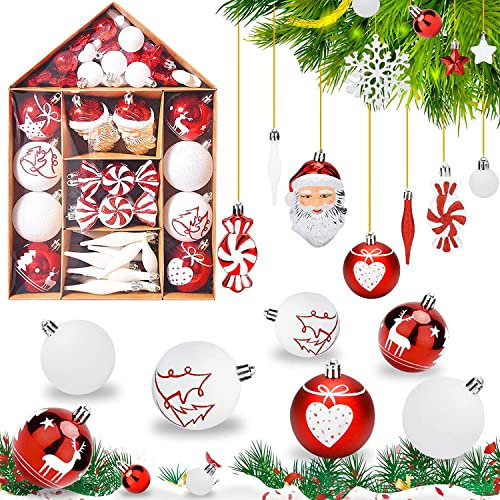 Weihnachtskugeln Weihnachtsdeko Set Weiß und Rot 70 Stück, Kunststoff Weihnachtsbaumkugeln Box mit Aufhänger Christbaumkugeln Plastik Bruchsicher, Weihnachtsbaumschmuck