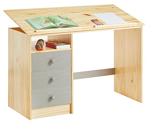 IDIMEX Kinderschreibtisch Kevin aus Kiefer in Natur/grau, schöner Schülerschreibtisch mit Neigungsverstellung, praktischer Schreibtisch mit 3 Schubladen und Ablagefach
