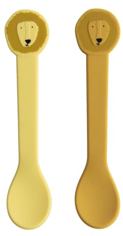 Trixie Colourful Silicone Spoons with Faces for Children, Set of 2, Stainless Steel core, Dishwasher Safe, for Babies from 4 Months, 14x3x2 cm, Learning to eat and Develop Motor Skills (Mr Lion)