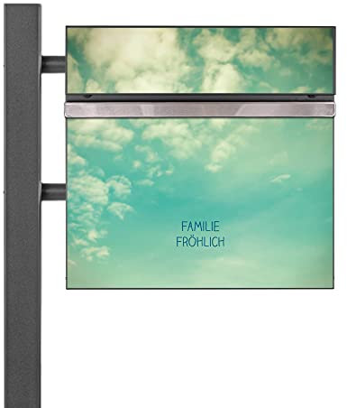 banjado® Standbriefkasten Anthrazit mit Namensschild Leicht Bewölkt & Zeitungsfach/Briefkasten mit Standfuß in Anthrazit/Postkasten A4 Einwurf inkl. Montagematerial & 2 Schlüsseln