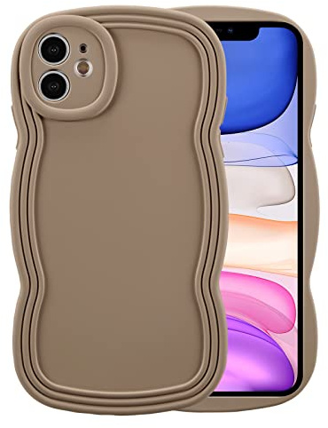 XIZYO Case for iPhone 11 6.1 Inch, Cute Solid Color Curly Wave Shape Frame Silicone Shockproof Case, for Women Girls Slim Soft TPU Full Camera Lens Protective Cover, Khaki