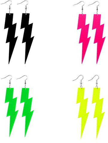 Blitz Ohrringe für 80s, 4 Paar Blitz Neon Ohrringe, Neon Ohrringe Damen 80er 90er Jahre Accessoires Vintage Neon Blitz Tropfen Ohrringe Vintage Acryl Ohrringe für 80er Party Halloween Kostüm Zubehör