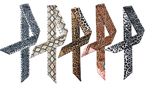 Gudessly Tasche Handtasche Griff Band Schal für Paket Band Haar Kopf Hals Halstuch Seidenschal Bracele Öl- und Tintenmalerei, Leopardenmuster, 5 Stück, 2.2 Wx35.4 L