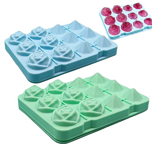 2 Stück Eiswürfelform Rose Diamant Eiswürfelform Silikon, Eiswürfelbehälter mit Deckel,2 Stück 12 Teilung Ice Cube Tray Eiskugelform Silikon BPA Frei für Whiskey Cocktails Scotch Hausgemachtem Saft