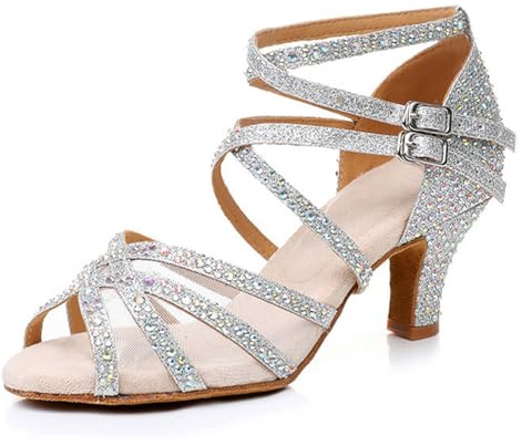 Rosefinch Lateinamerikanische Tanzschuhe mit Strasssteinen, Salsa-Tanzschuhe für Damen/Mädchen,weiche Sohlen,Tanzschuhe,5/7cm Absatz,34-41 EU